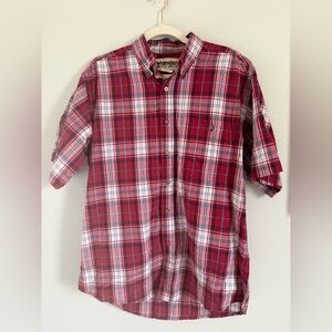 Wrangler Men’s Rugged Wear Red and White Plaid Short-Sleeve Button-Down Shirt L